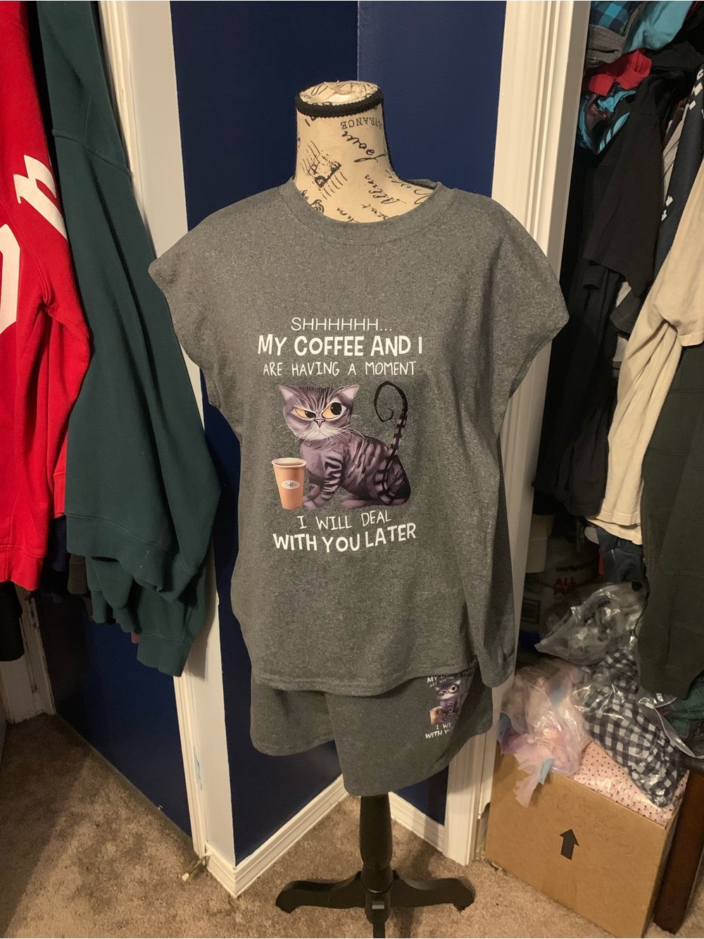 Grey Cat & Coffee Short-Sleeve Pajama Top and shorts